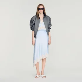 Asymmetrical satin skirt with lace