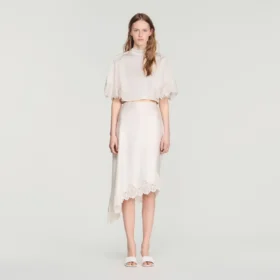 Asymmetrical satin skirt with lace
