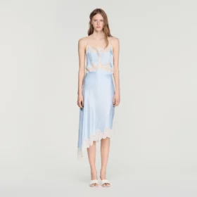 Asymmetrical satin skirt with lace