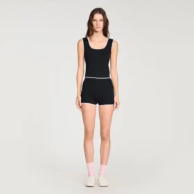 Beaded embroidered ribbed shorts