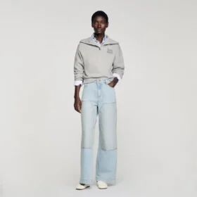 Faded straight crystal patch jeans