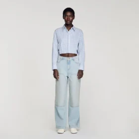 Faded straight crystal patch jeans
