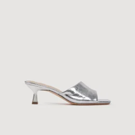 Heeled metallic leather mules