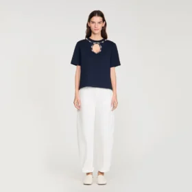 Rhinestone openwork T-shirt